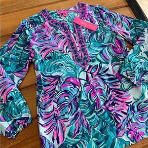 Lilly Pulitzer Teal, Turquoise & Pink Palm-Print Tunic